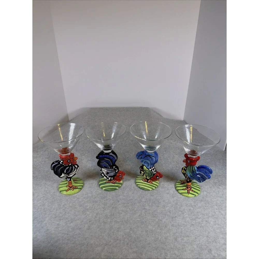 Vintage Nicole Engblom Hand Painted Rooster Martini Cocktail Glass Set Of 4 Rare